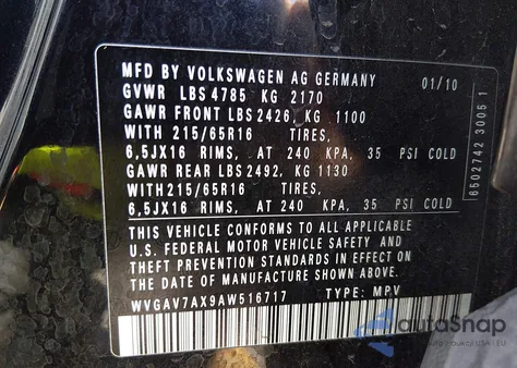 2010 Volkswagen Tiguan S z USA, uszkodzony, nr VIN WVGAV7AX9AW516717